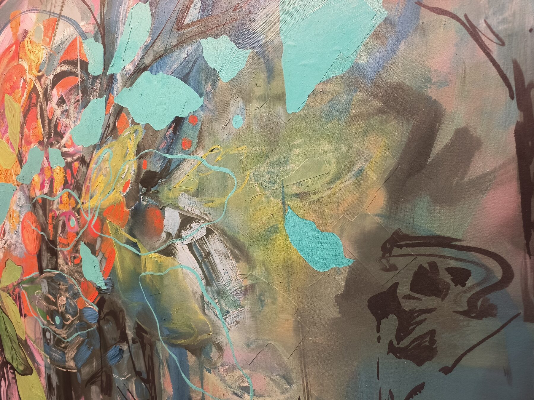 Detail of an abstract painting with turquoise leaves in Art In Transit