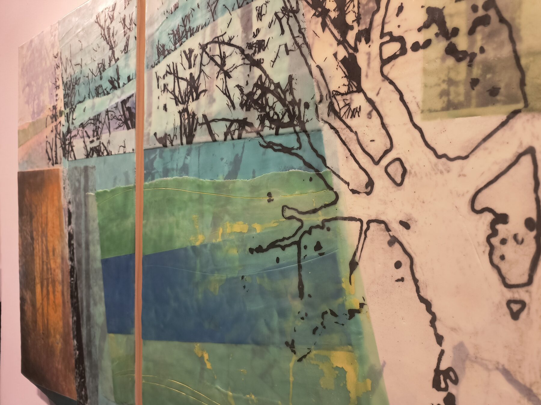 Detail of an encaustic tree diptych in Art In Transit
