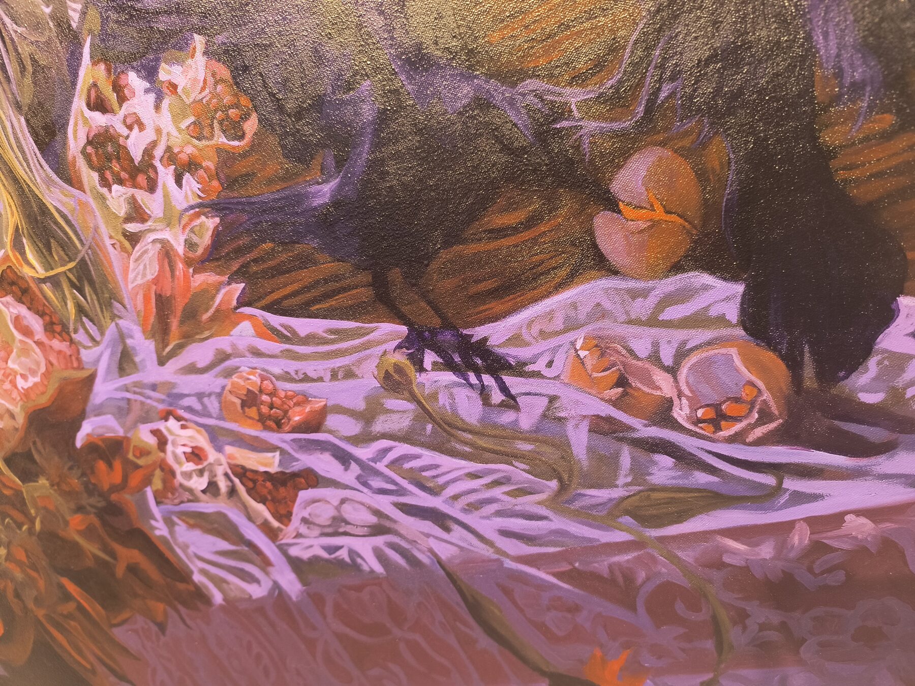 Detail of a still life painting with crows and pomegranates in Art In Transit