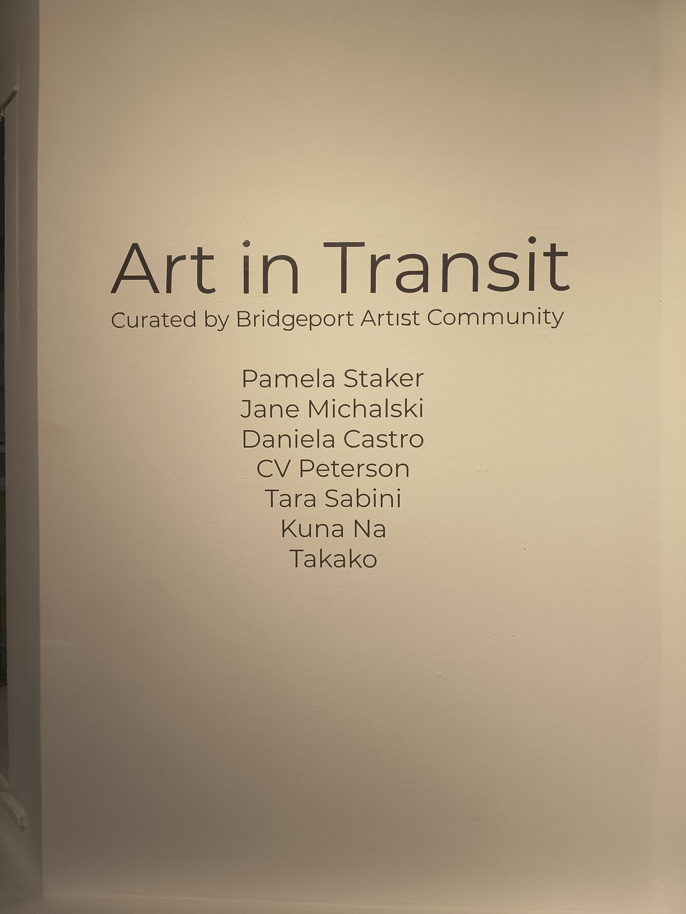 Art In Transit gallery wall text listing the featured artists