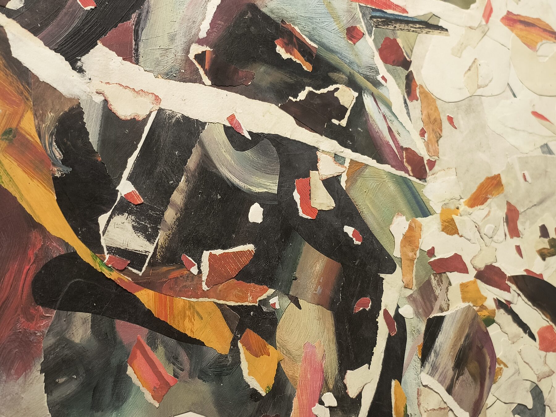 Detail of a torn-paper collage work in Art In Transit