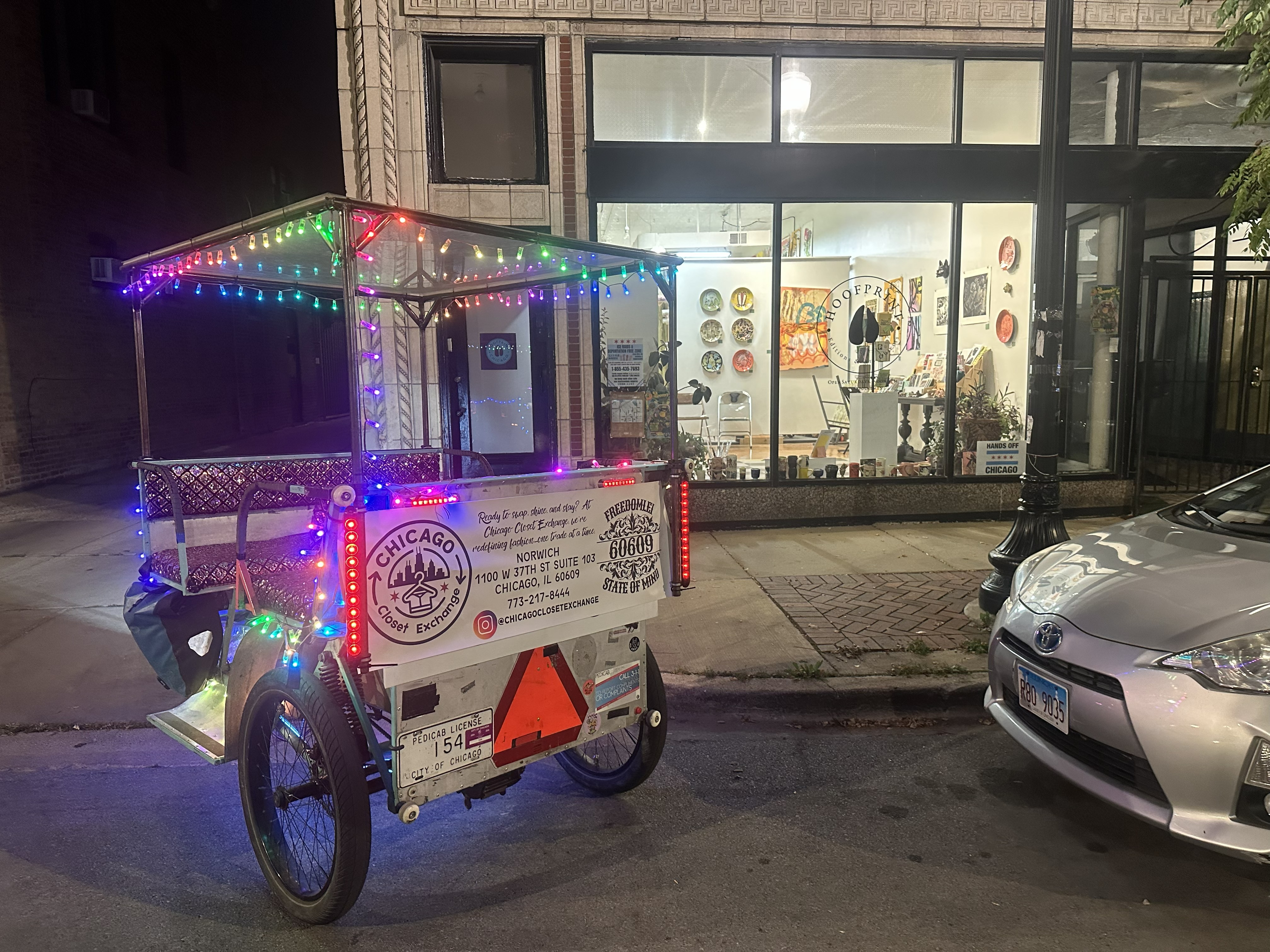 Third Friday Free Pedicabs outside Hoofprint Gallery