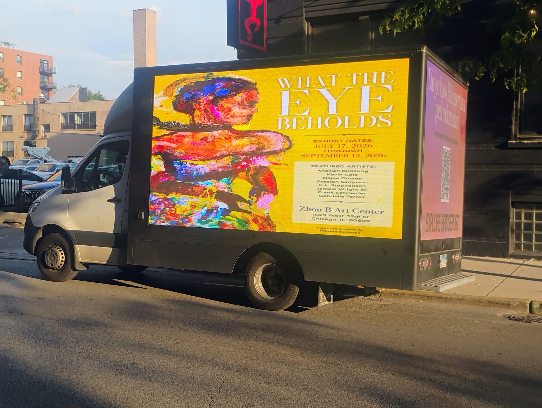 Third Friday Mobile Billboard showing What The Eye Beholds exhibit at Zhou B Art Center